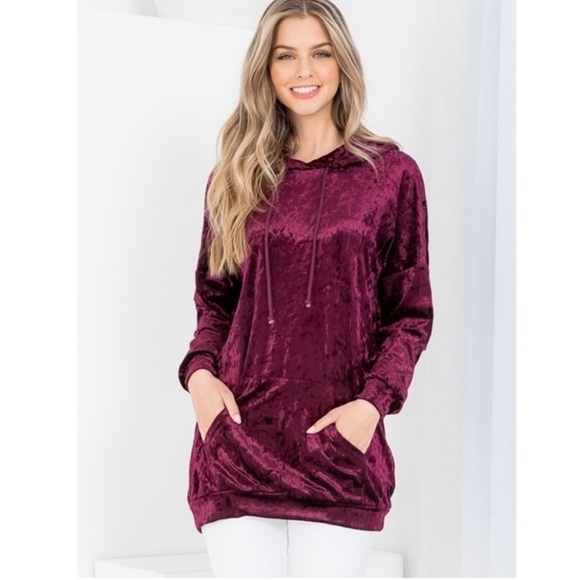 New! Velvet Soft Burgundy Plum Hoodie Kangaroo Pocket Pullover Sweater Top - Picture 6 of 9